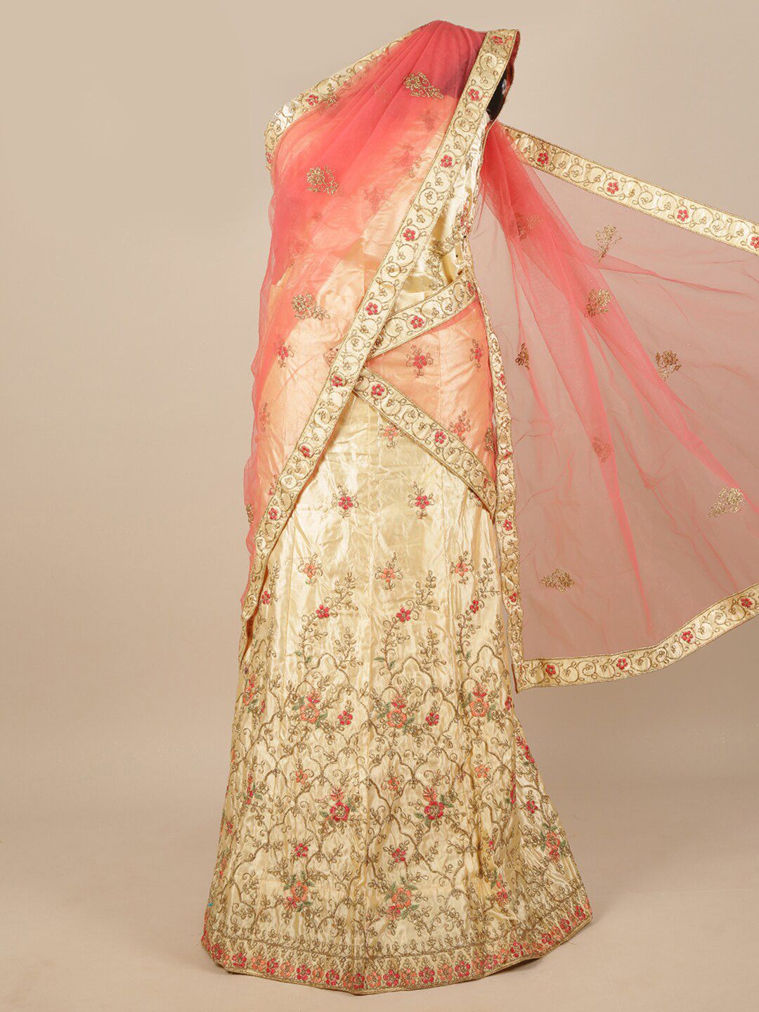 Pothys Pink & Cream-Coloured Embroidered Unstitched Net Lehenga & Blouse With Dhavani Price in India