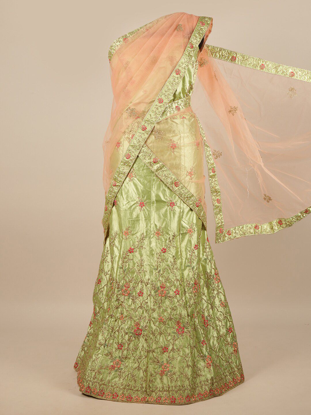 Pothys Peach-Coloured & Gold-Toned Embroidered Unstitched Lehenga & Blouse With Dupatta Price in India