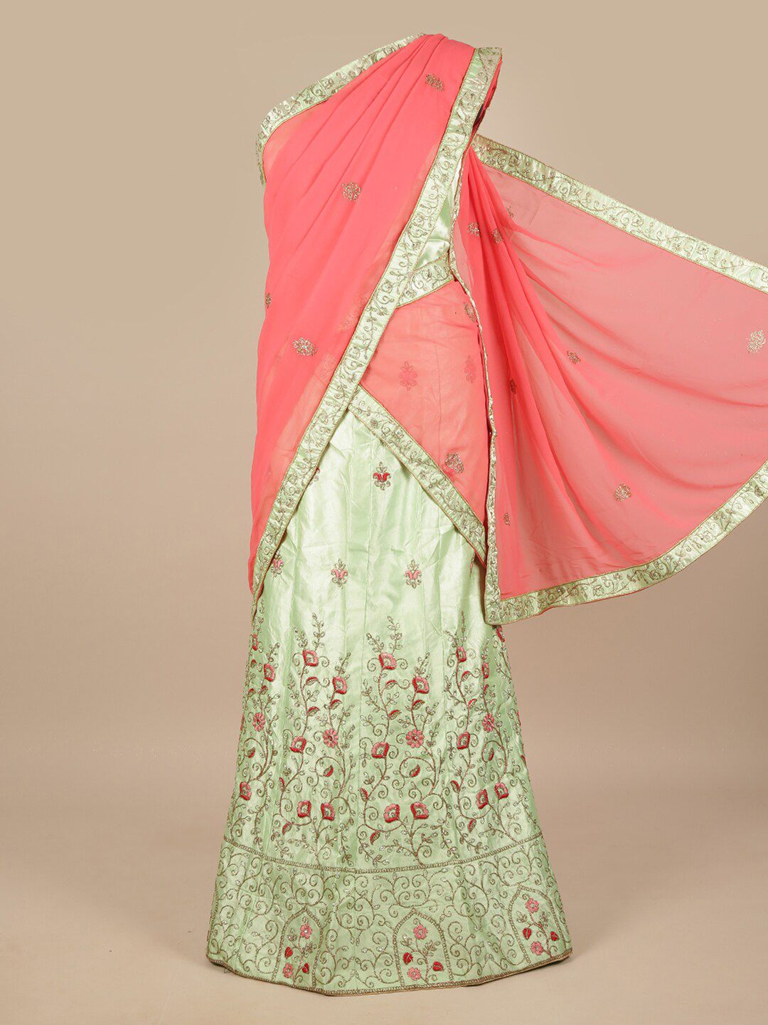 Pothys Pink & Green Embroidered Unstitched Lehenga & Blouse With Dupatta Price in India