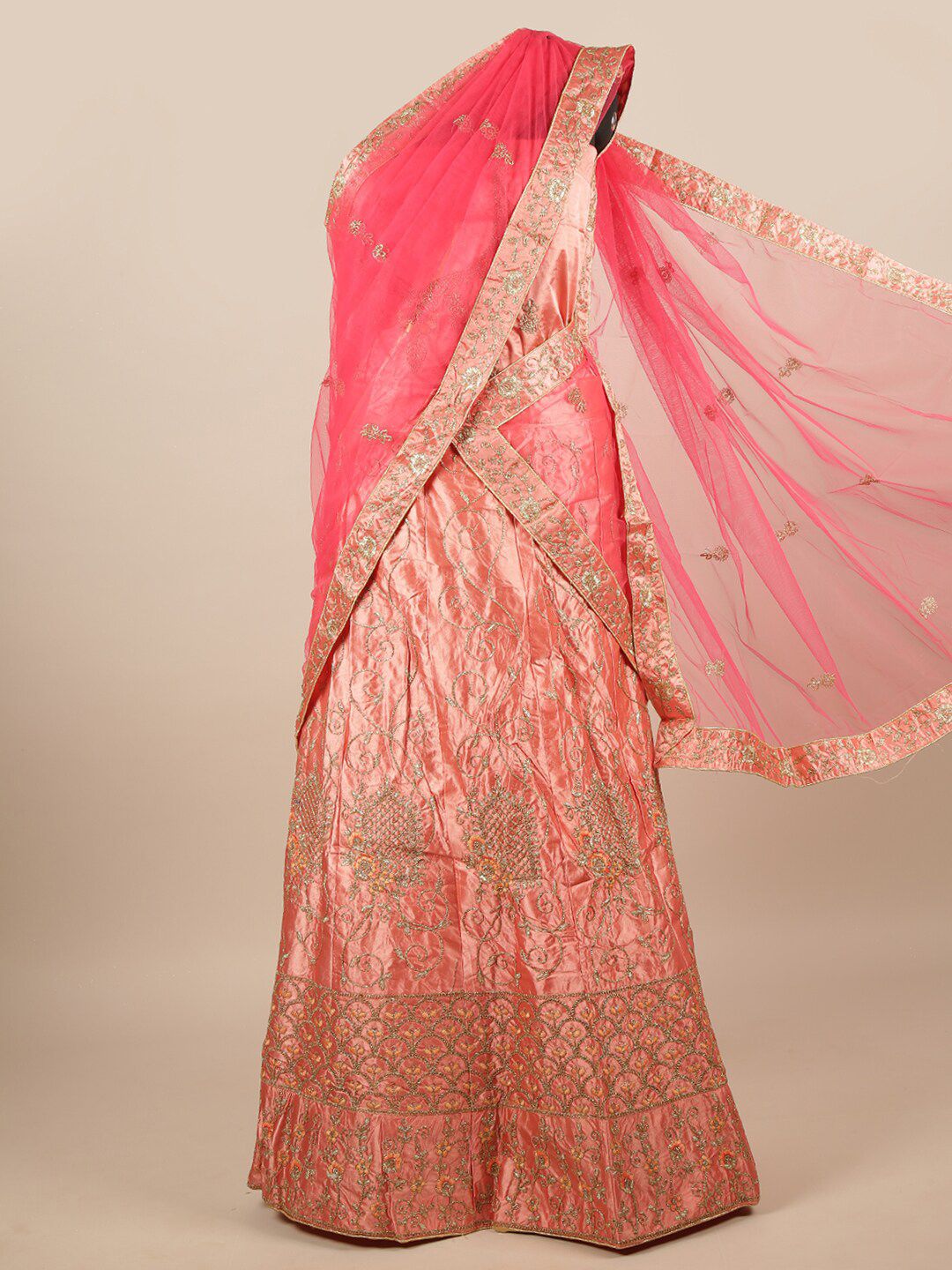 Pothys Pink & Gold Embroidered Zardozi Unstitched Lehenga & Blouse With Dupatta Price in India