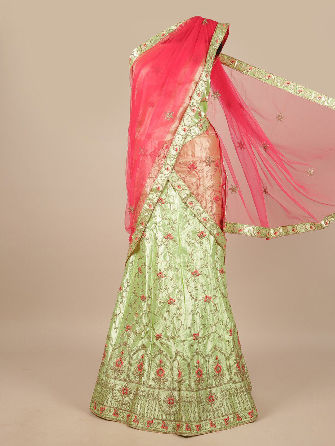 Pothys Pink & Green Embellished Unstitched Lehenga & Blouse With Dupatta Price in India