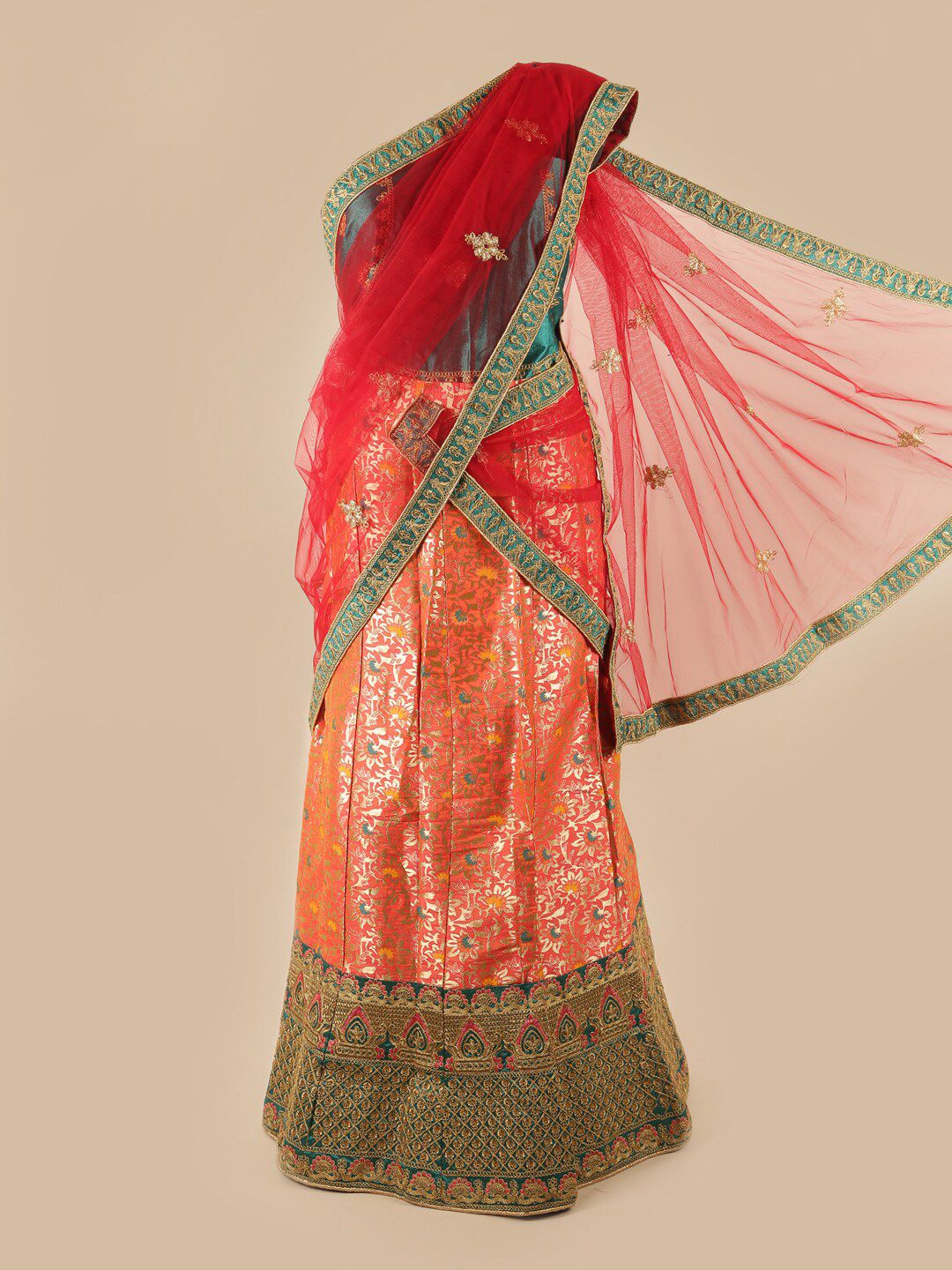 Pothys Red & Green Embroidered Unstitched Lehenga & Blouse With Dupatta Price in India