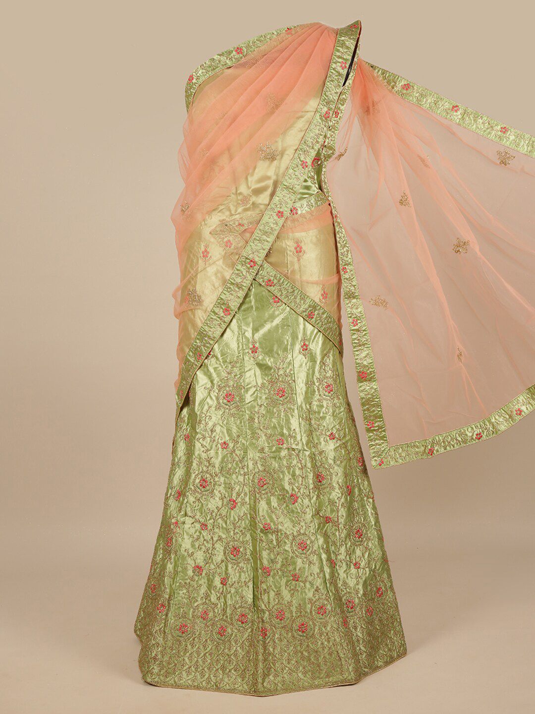 Pothys Peach-Coloured & Green Embroidered Thread Work Unstitched Lehenga & Blouse With Dupatta Price in India