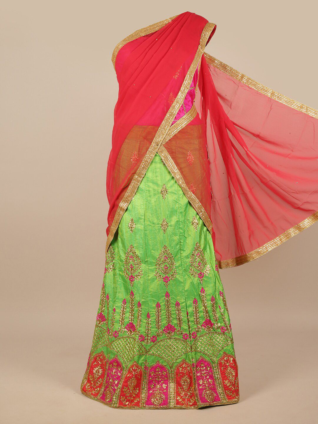 Pothys Pink & Green Embroidered Unstitched Lehenga & Blouse With Dupatta Price in India