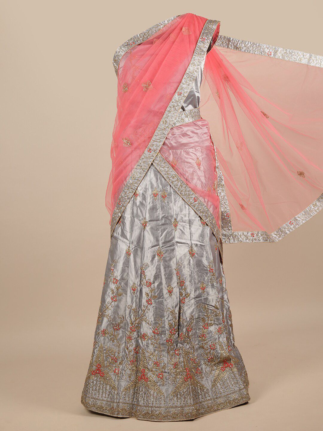 Pothys Pink & Grey Embroidered Unstitched Lehenga & Blouse With Dupatta Price in India