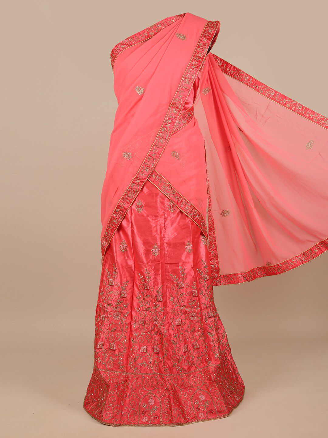 Pothys Pink Embroidered Beads and Stones Unstitched Lehenga & Blouse With Dupatta Price in India