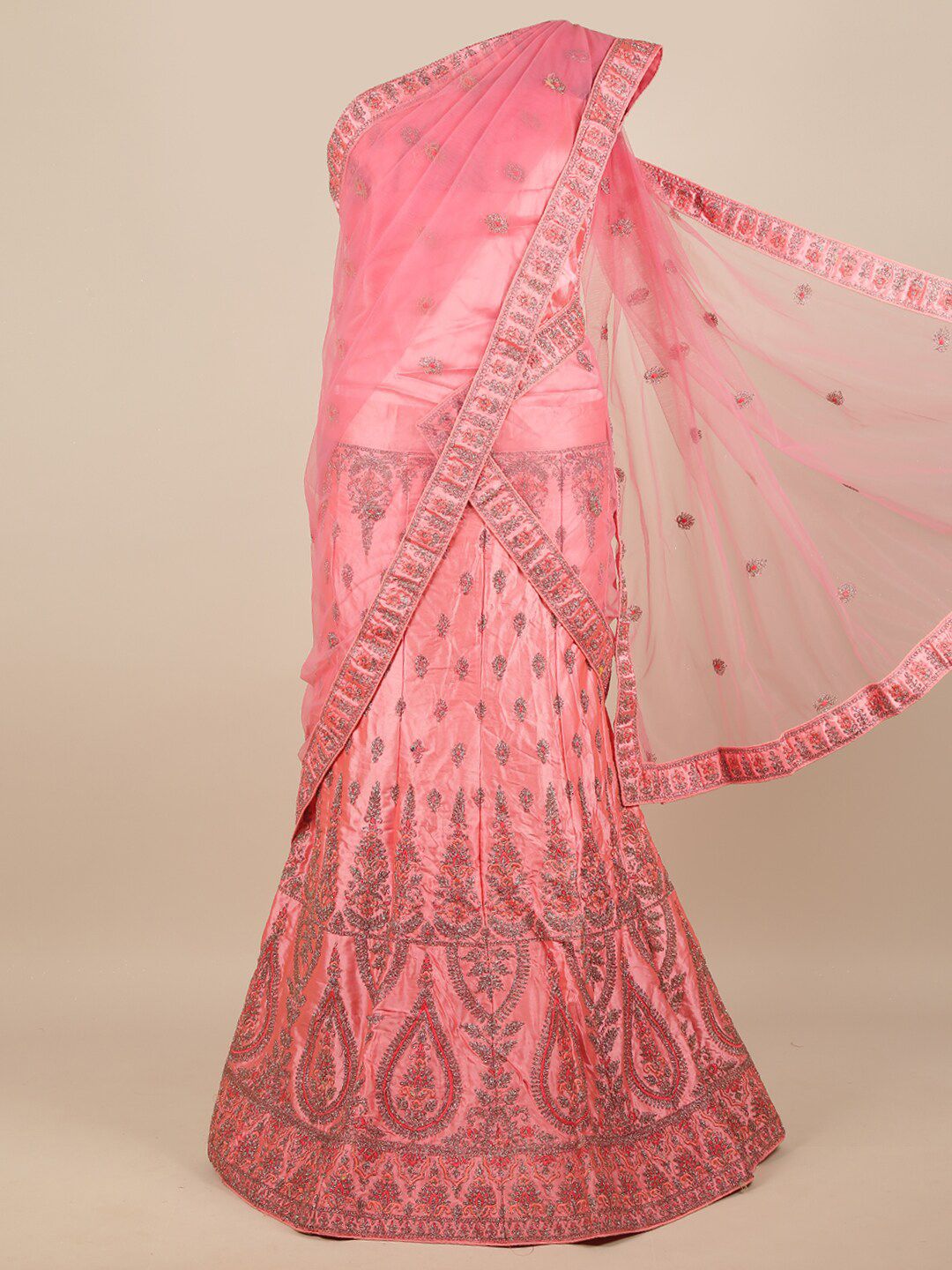 Pothys Pink & Silver-Toned Embroidered Unstitched Lehenga & Blouse With Dupatta Price in India