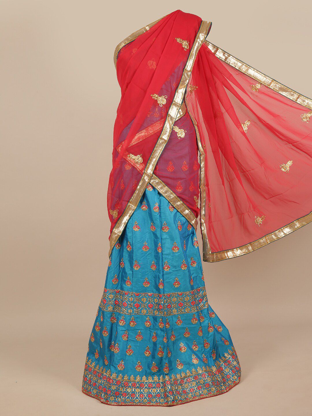 Pothys Red & Blue Embellished Unstitched Lehenga & Blouse With Dupatta Price in India