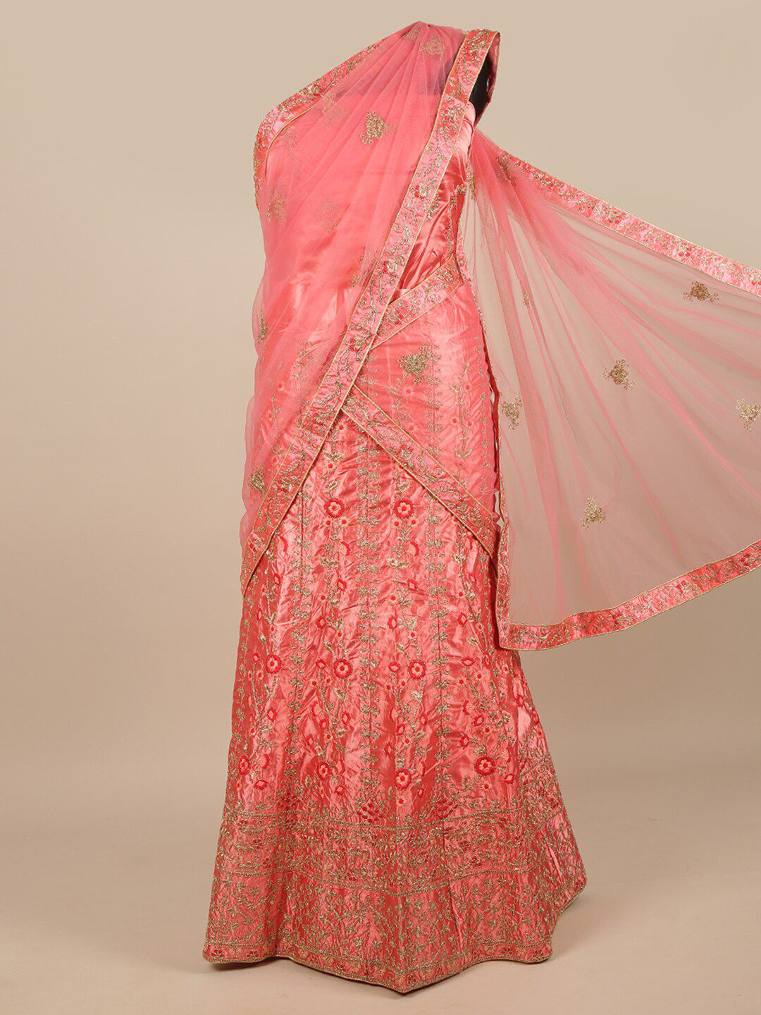 Pothys Pink & Gold-Toned Embellished Beads and Stones Unstitched Lehenga & Blouse With Dupatta Price in India