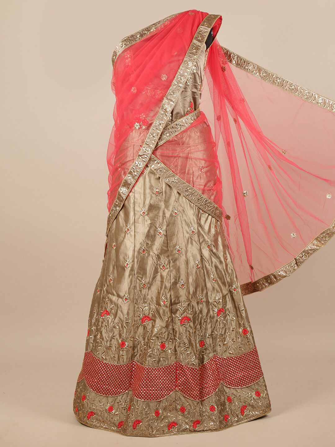 Pothys Pink & Tan Embroidered Unstitched Net Lehenga & Blouse With Dhavani Price in India