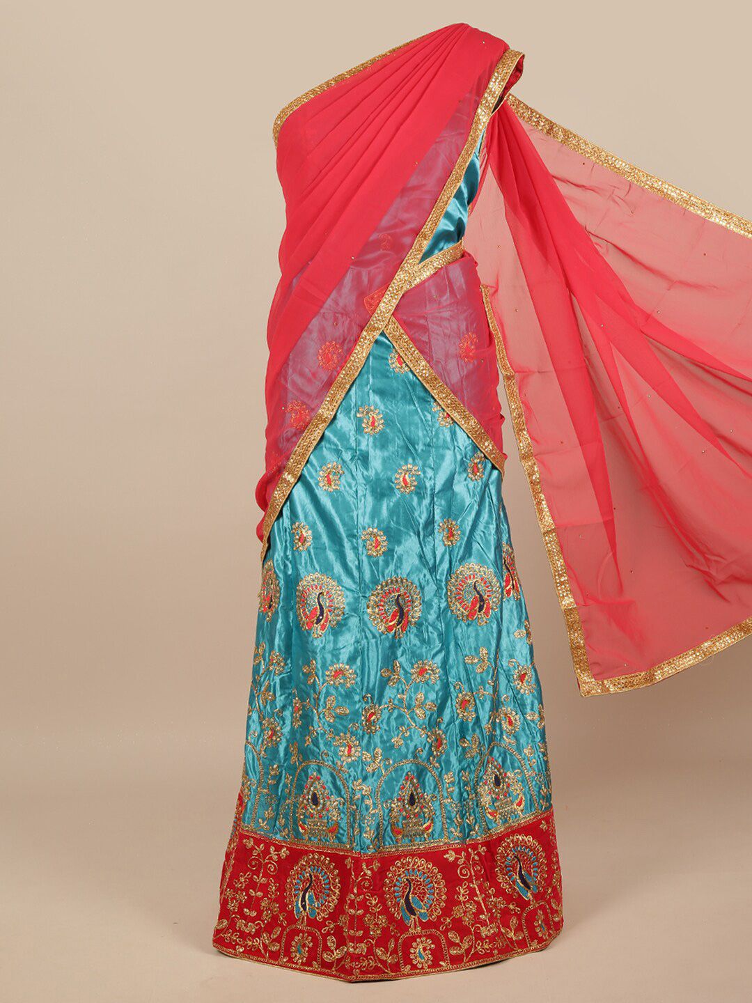 Pothys Red & Blue Embroidered Unstitched Lehenga & Blouse With Dhavani Price in India