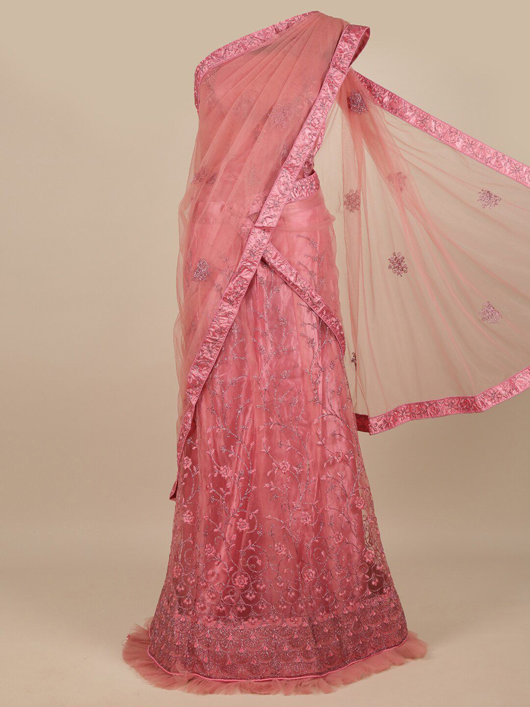 Pothys Mauve & Silver-Coloured Embroidered Unstitched Lehenga & Blouse With Dupatta
