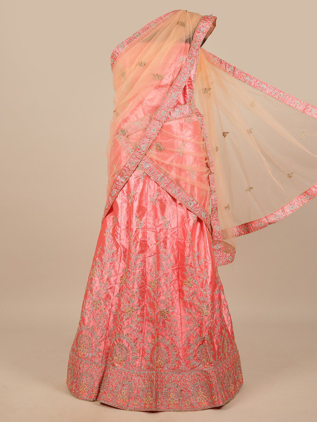 Pothys Peach & Silver Embroidered Zardozi Unstitched Lehenga & Blouse With Dupatta Price in India