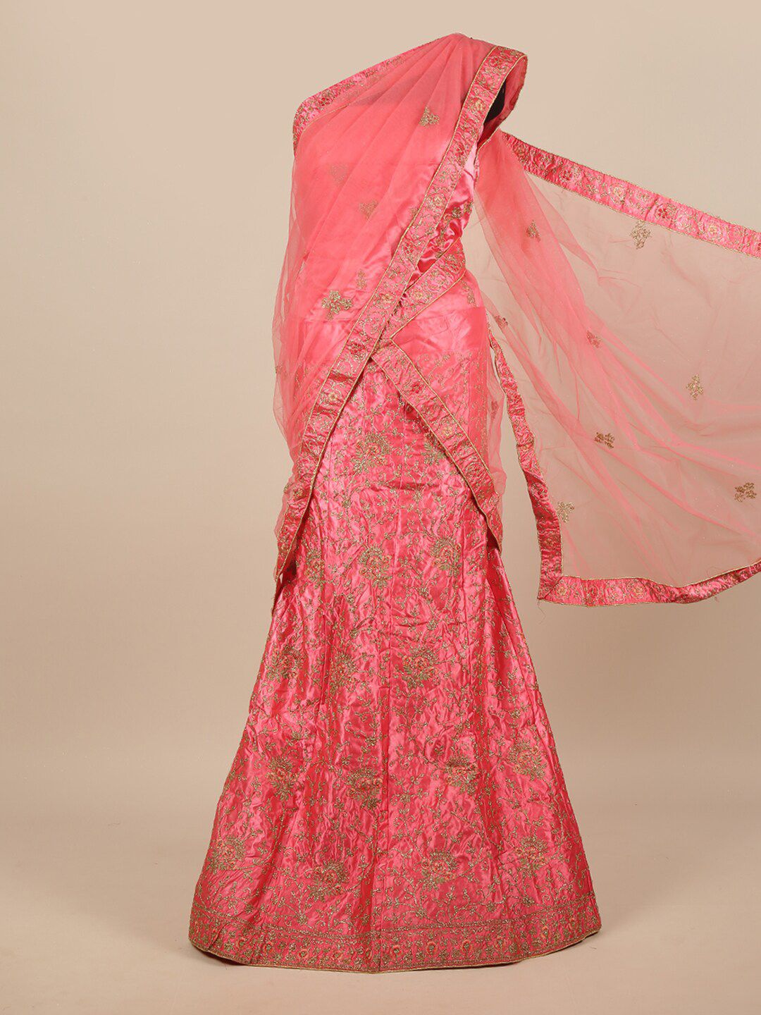 Pothys Pink & Silver-Toned Embellished Unstitched Lehenga & Blouse With Dupatta Price in India
