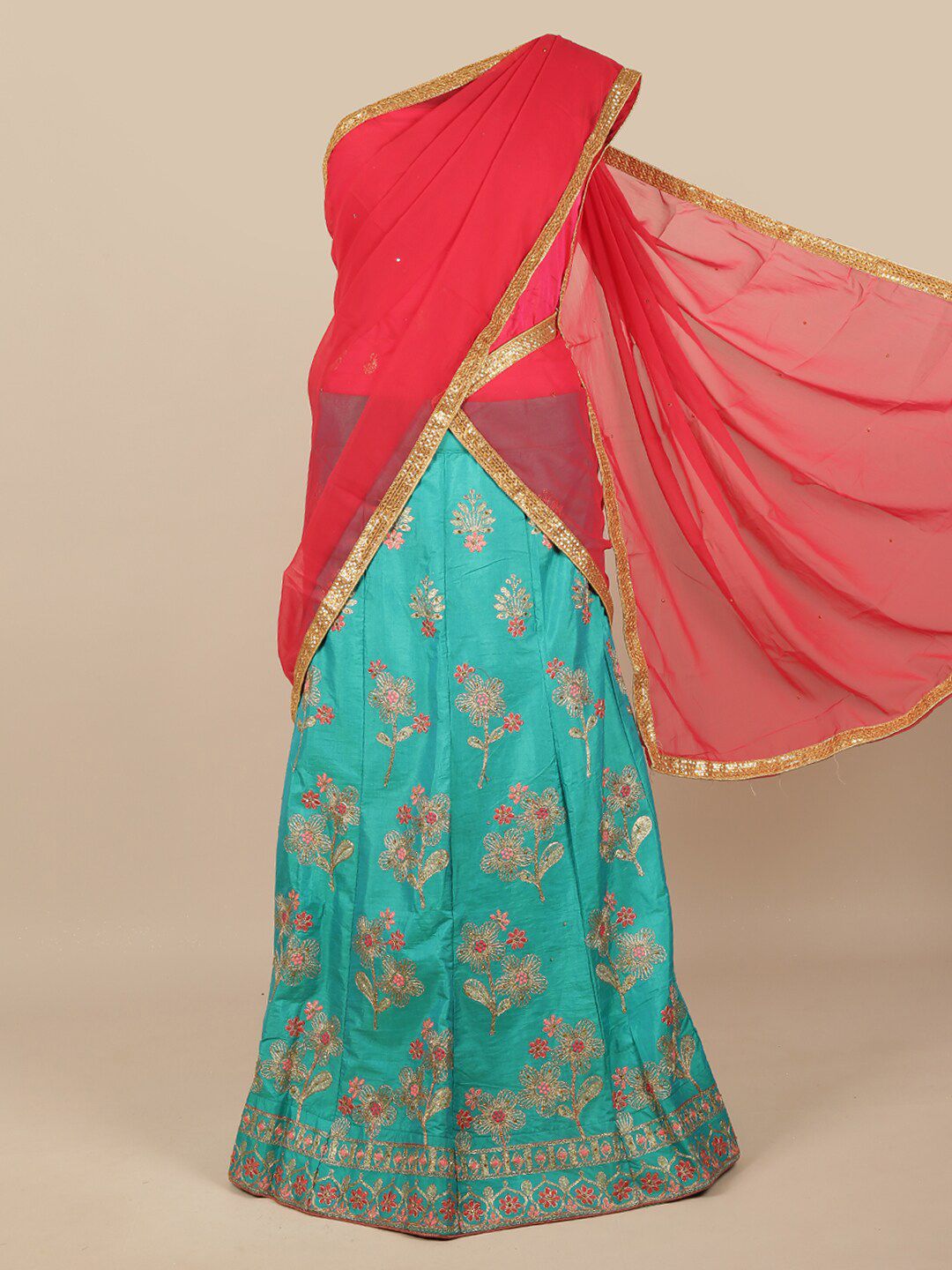 Pothys Red & Turquoise Blue Embroidered Unstitched Lehenga & Blouse With Dupatta Price in India