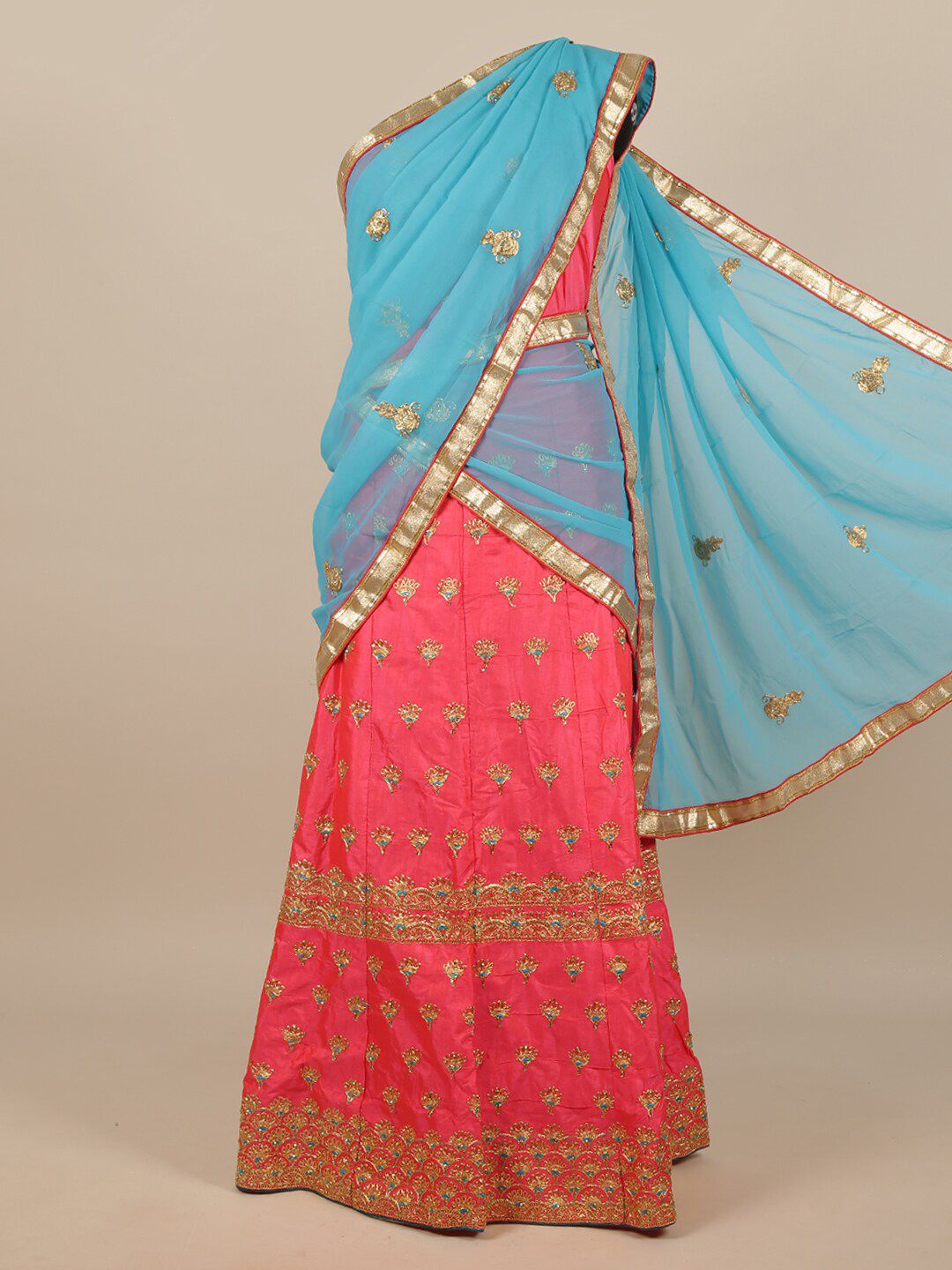 Pothys Pink & Blue Embellished Beads and Stones Unstitched Lehenga & Blouse With Dupatta Price in India