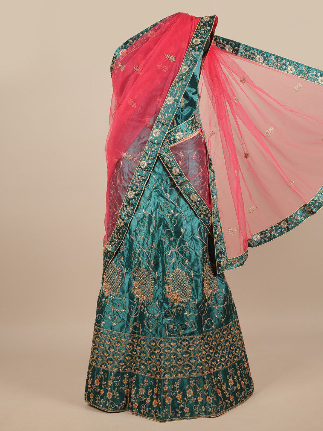 Pothys Pink & Green Embroidered Zardozi Unstitched Lehenga & Blouse With Dupatta Price in India