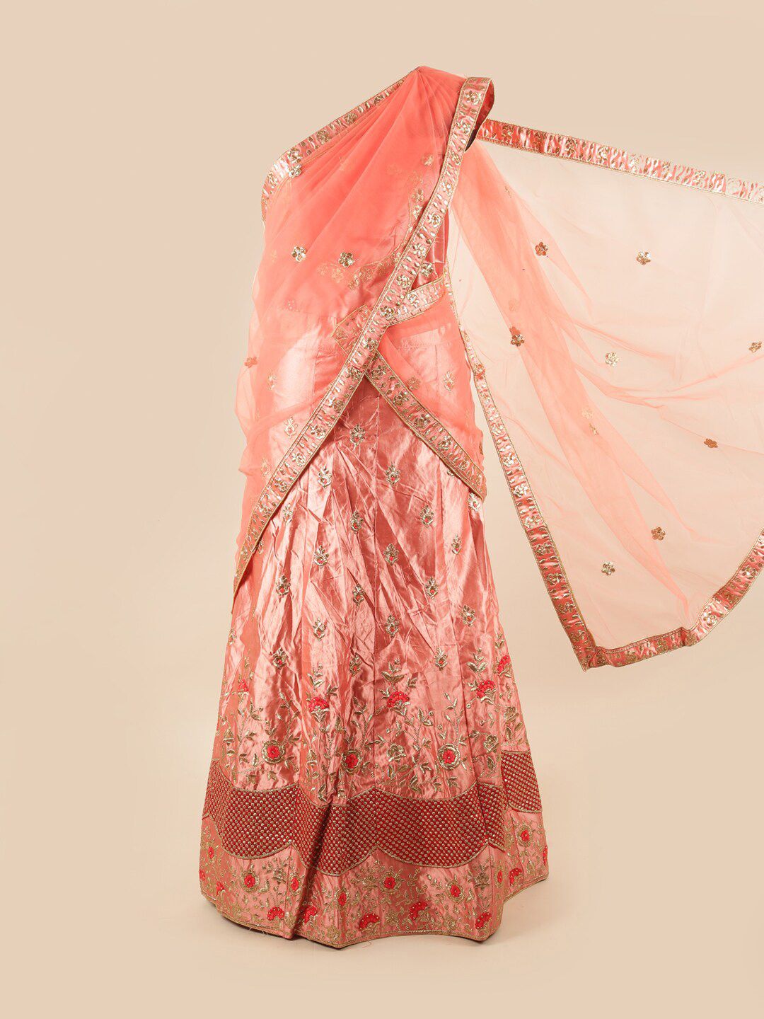 Pothys Women Pink & Gold Embellished Unstitched Lehenga Choli With Dupatta Price in India