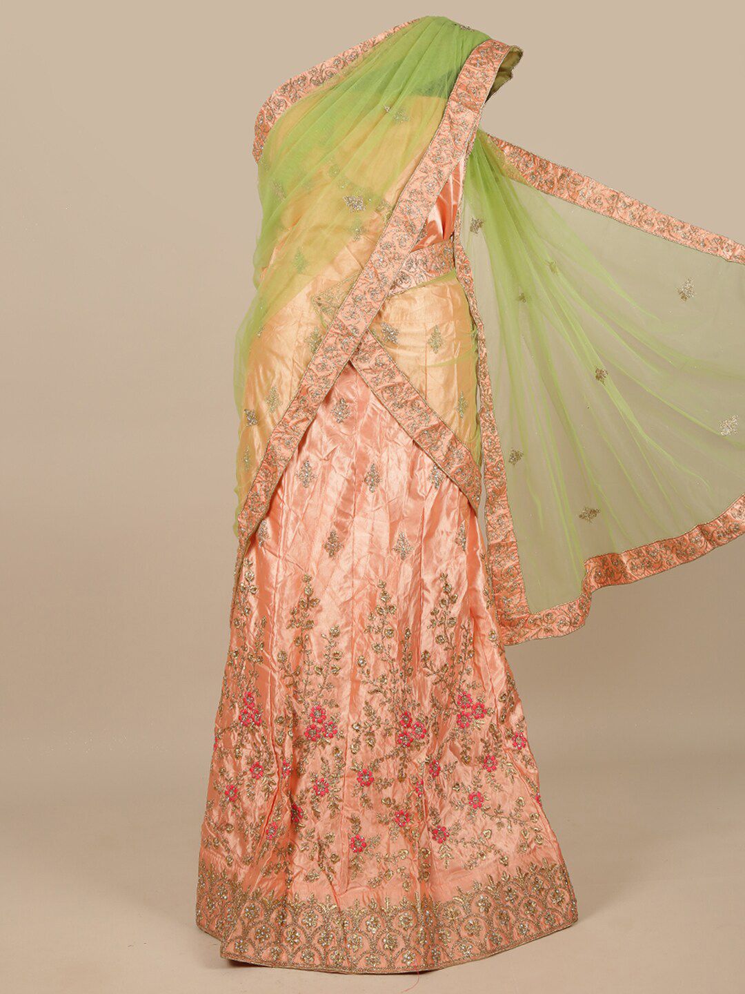 Pothys Green & Gold-Toned Embellished Unstitched Lehenga & Blouse With Dupatta Price in India