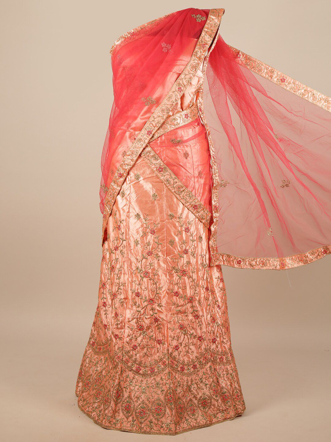 Pothys Pink & Peach-Coloured Embroidered Unstitched Net Lehenga & Blouse With Dhavani Price in India