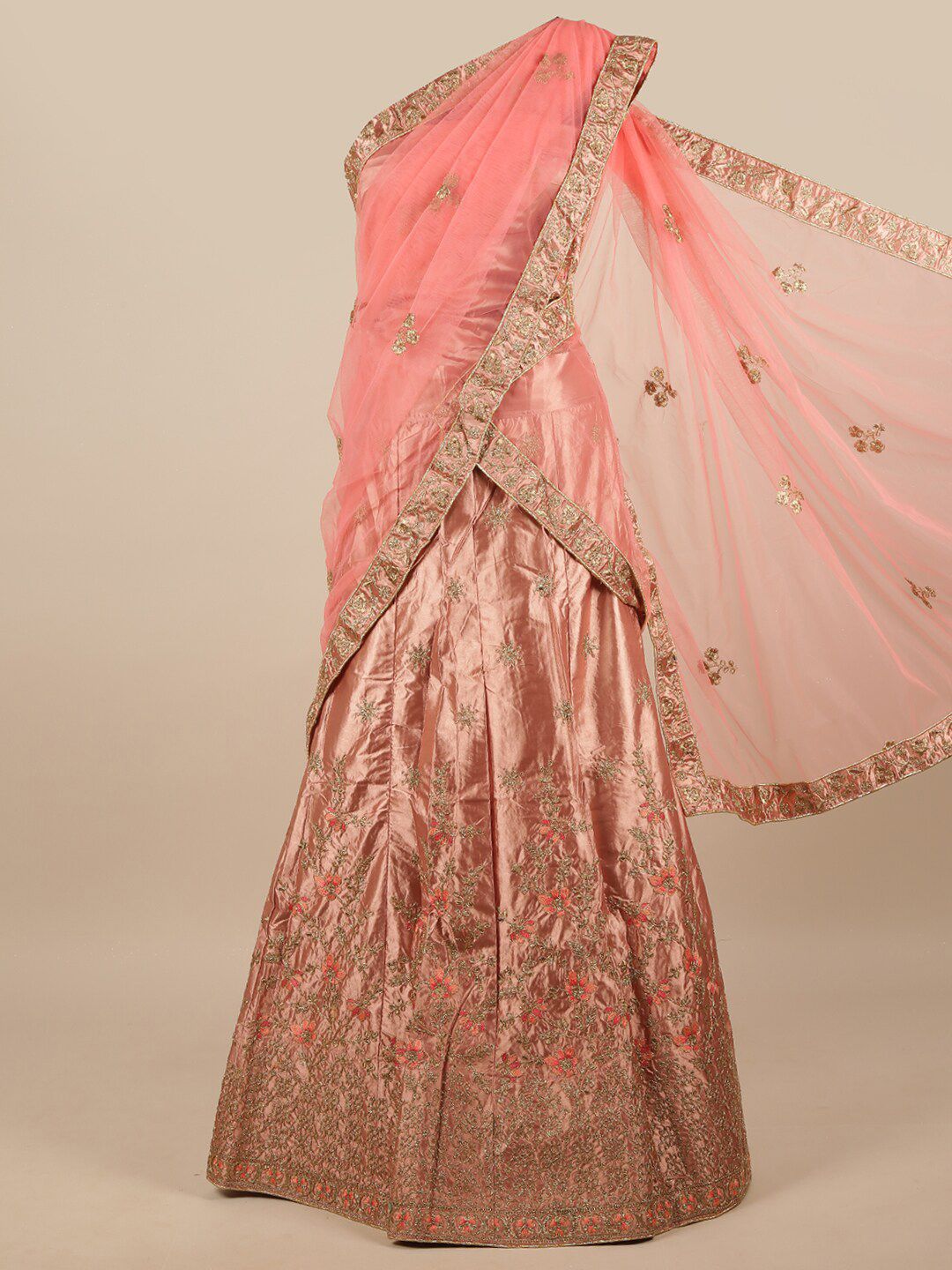 Pothys Pink & Gold-Toned Embroidered Unstitched Lehenga & Blouse With Dupatta Price in India