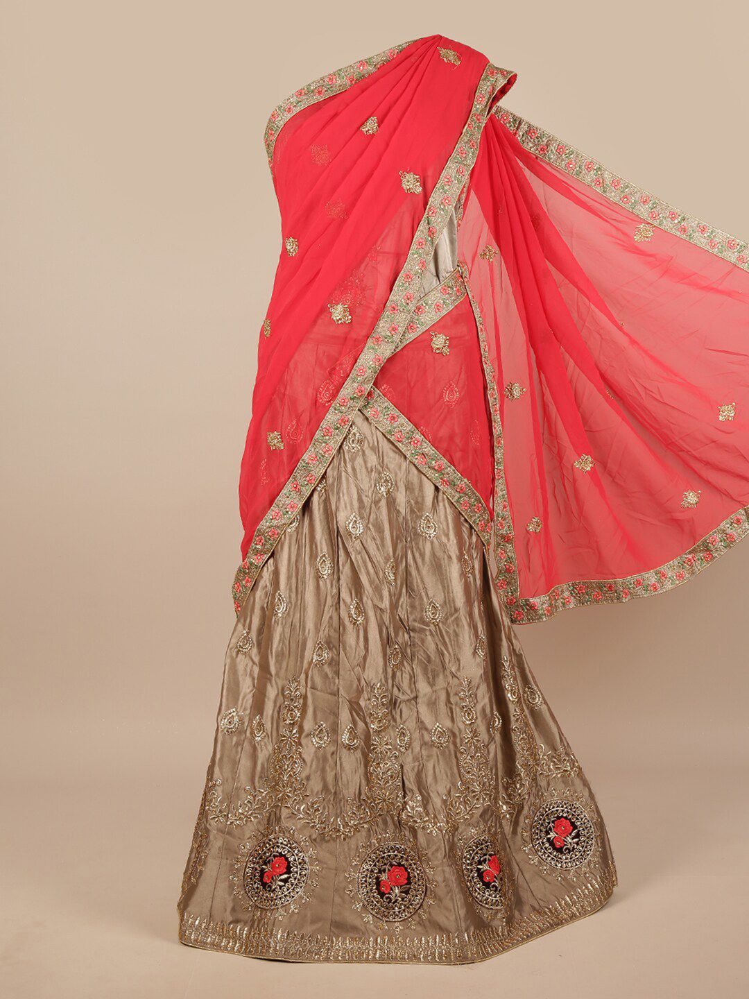 Pothys Beige & Red Embroidered Unstitched Lehenga & Blouse With Dupatta Price in India