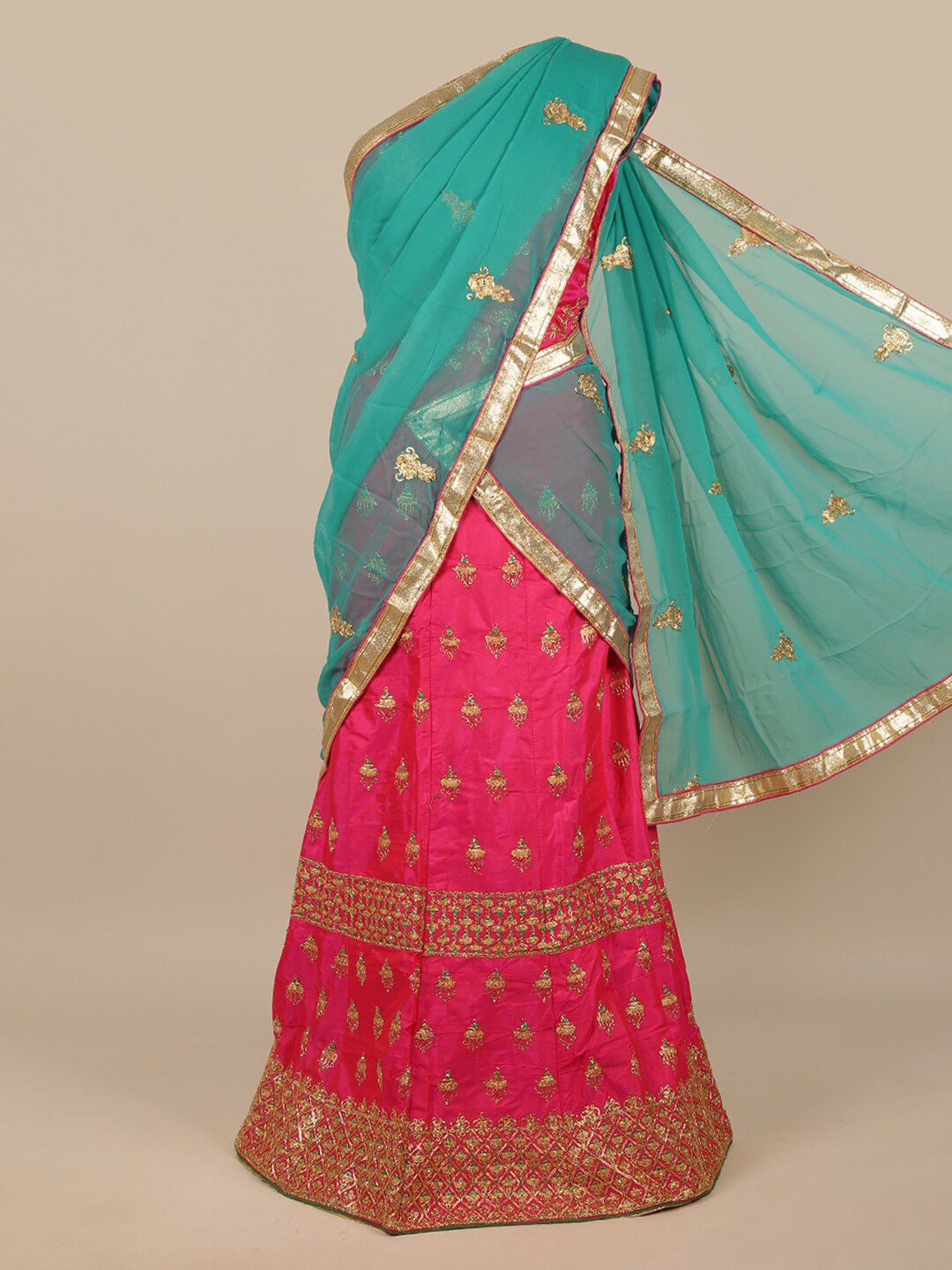 Pothys Women Green & Pink Embroidered Lehenga Half Saree Price in India
