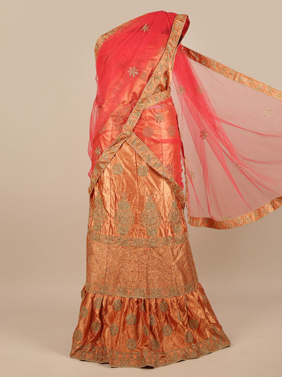 Pothys Red & Copper-Toned Embroidered Unstitched Lehenga & Blouse With Dupatta Price in India