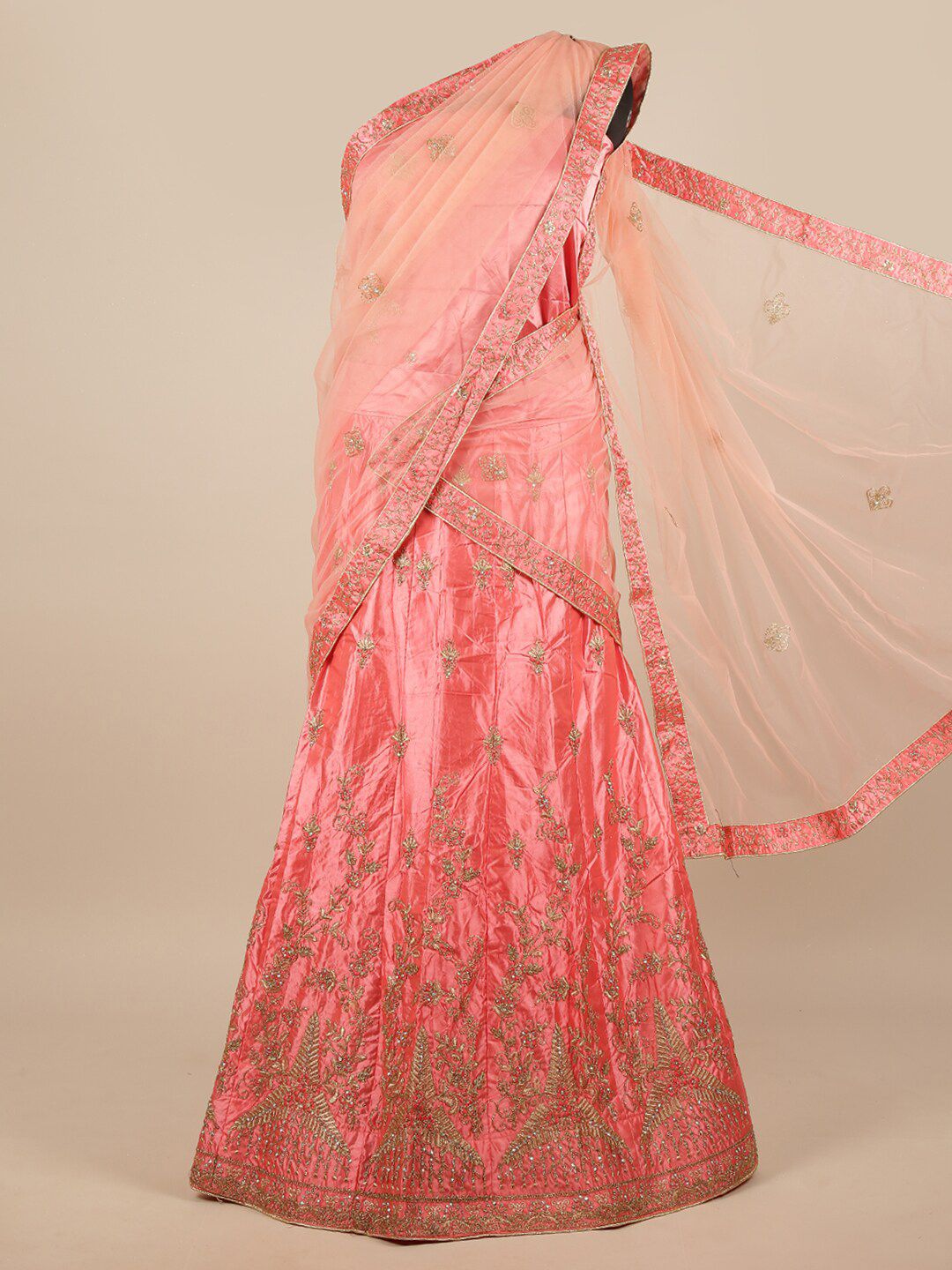 Pothys Peach-Coloured & Gold-Toned Embroidered Unstitched Lehenga & Blouse With Dupatta Price in India