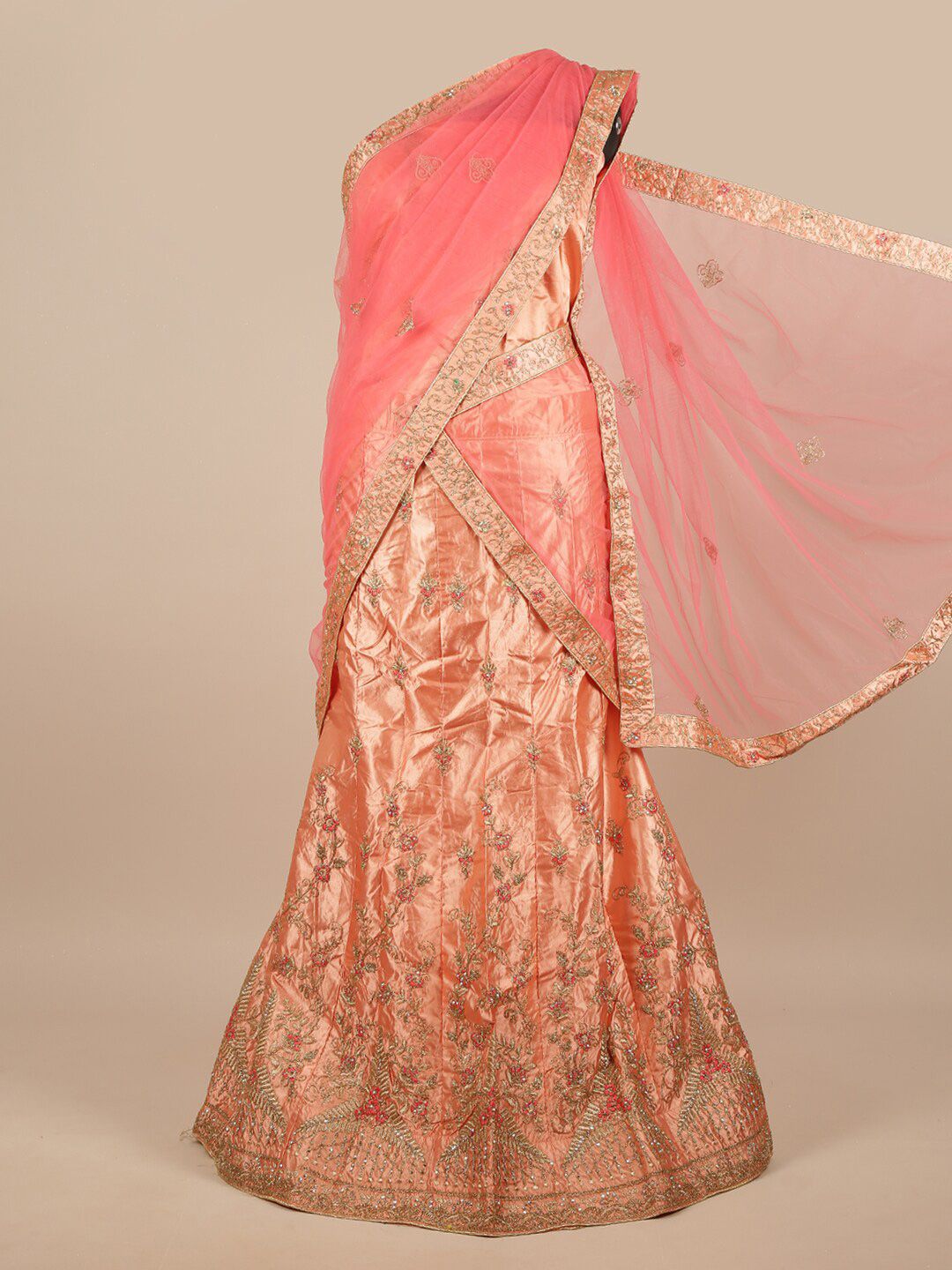 Pothys Peach-Coloured & Pink Embroidered Unstitched Lehenga & Blouse With Dupatta Price in India