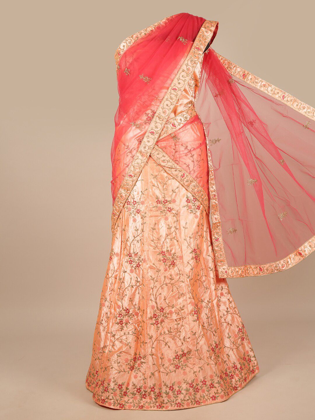 Pothys Pink & Peach-Coloured Embellished Unstitched Lehenga & Blouse With Dupatta Price in India