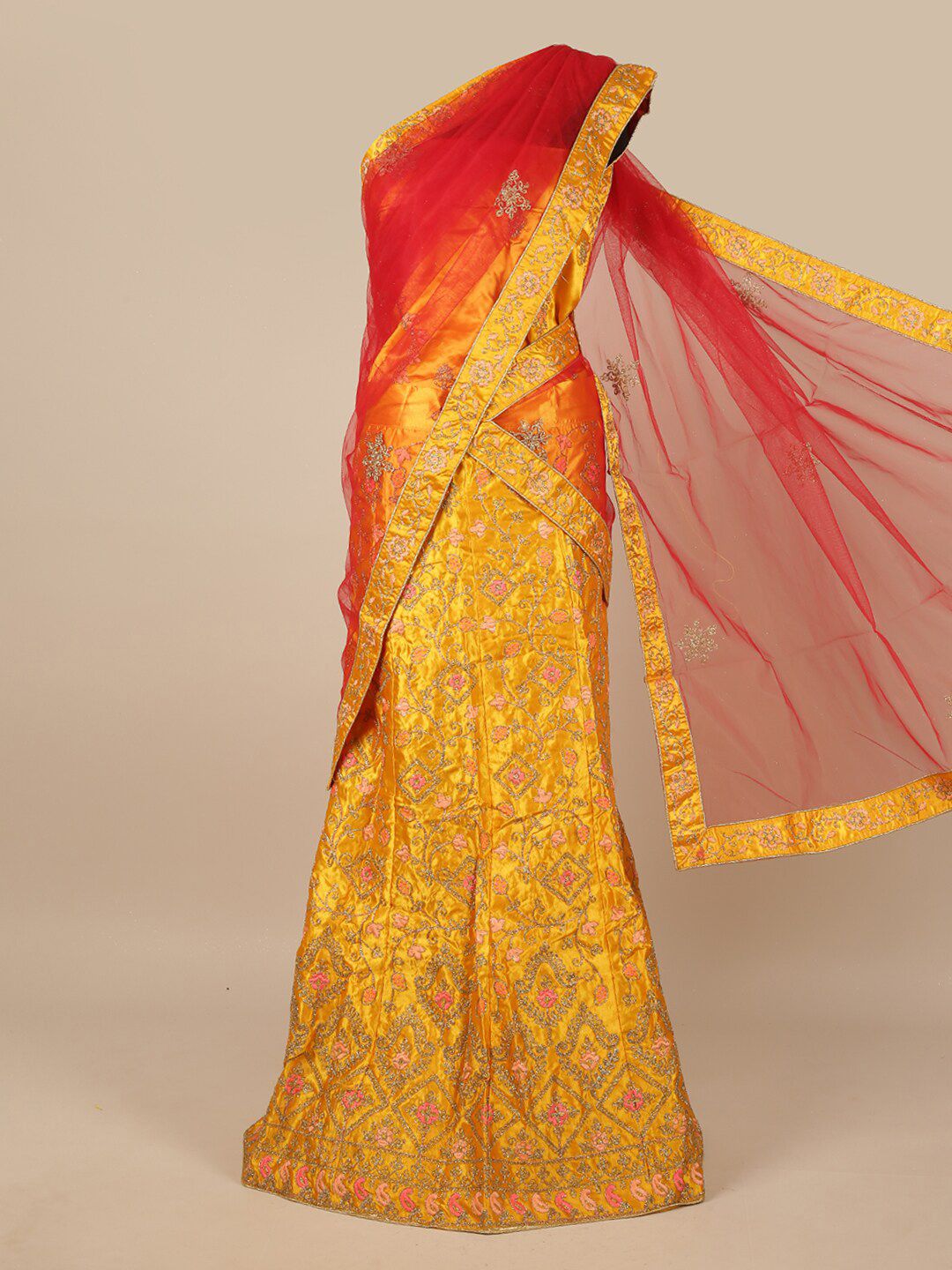 Pothys Red & Yellow Embroidered Unstitched Lehenga & Blouse With Dupatta Price in India