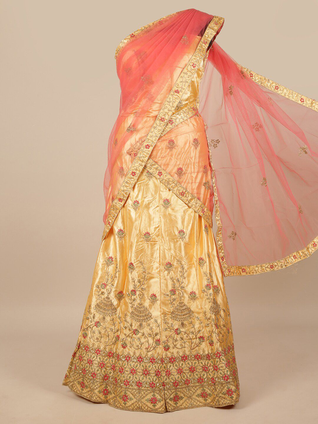 Pothys Pink & Cream-Coloured Embroidered Unstitched Lehenga & Blouse With Dupatta Price in India