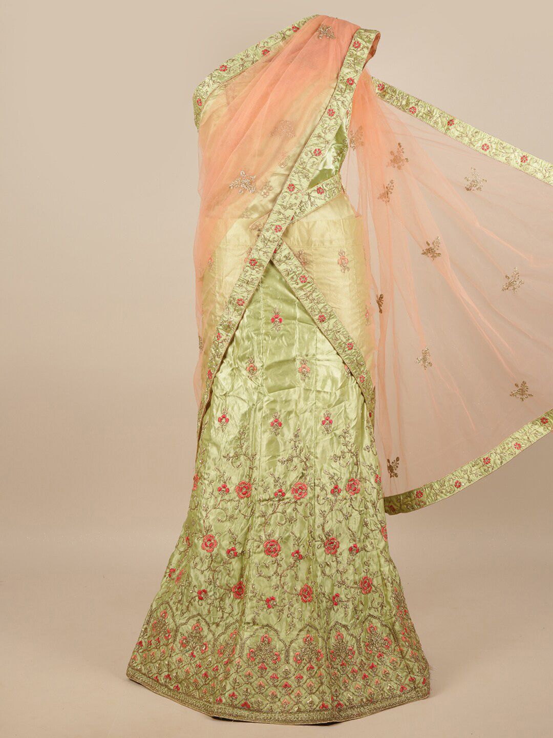 Pothys Peach-Coloured & Green Embroidered Thread Work Unstitched Lehenga & Blouse With Dupatta Price in India
