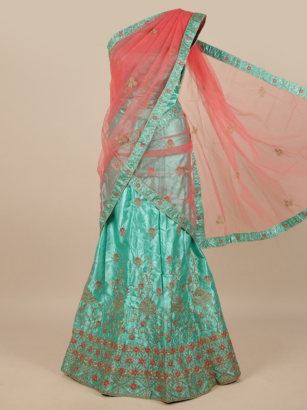 Pothys Pink & Green Embroidered Zardozi Unstitched Lehenga & Blouse With Dupatta Price in India