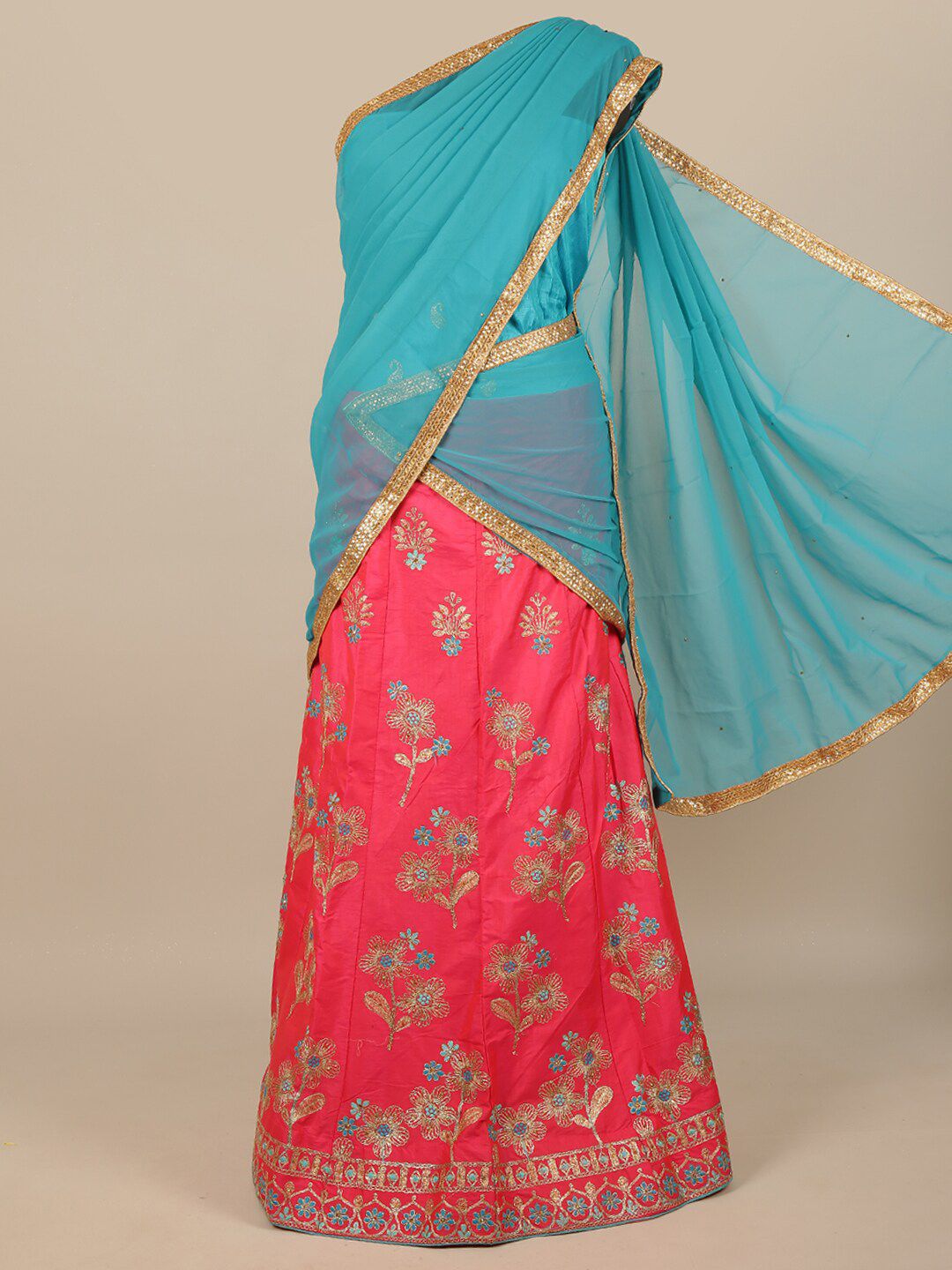 Pothys Blue & Pink Embroidered Unstitched Lehenga & Blouse With Dupatta Price in India