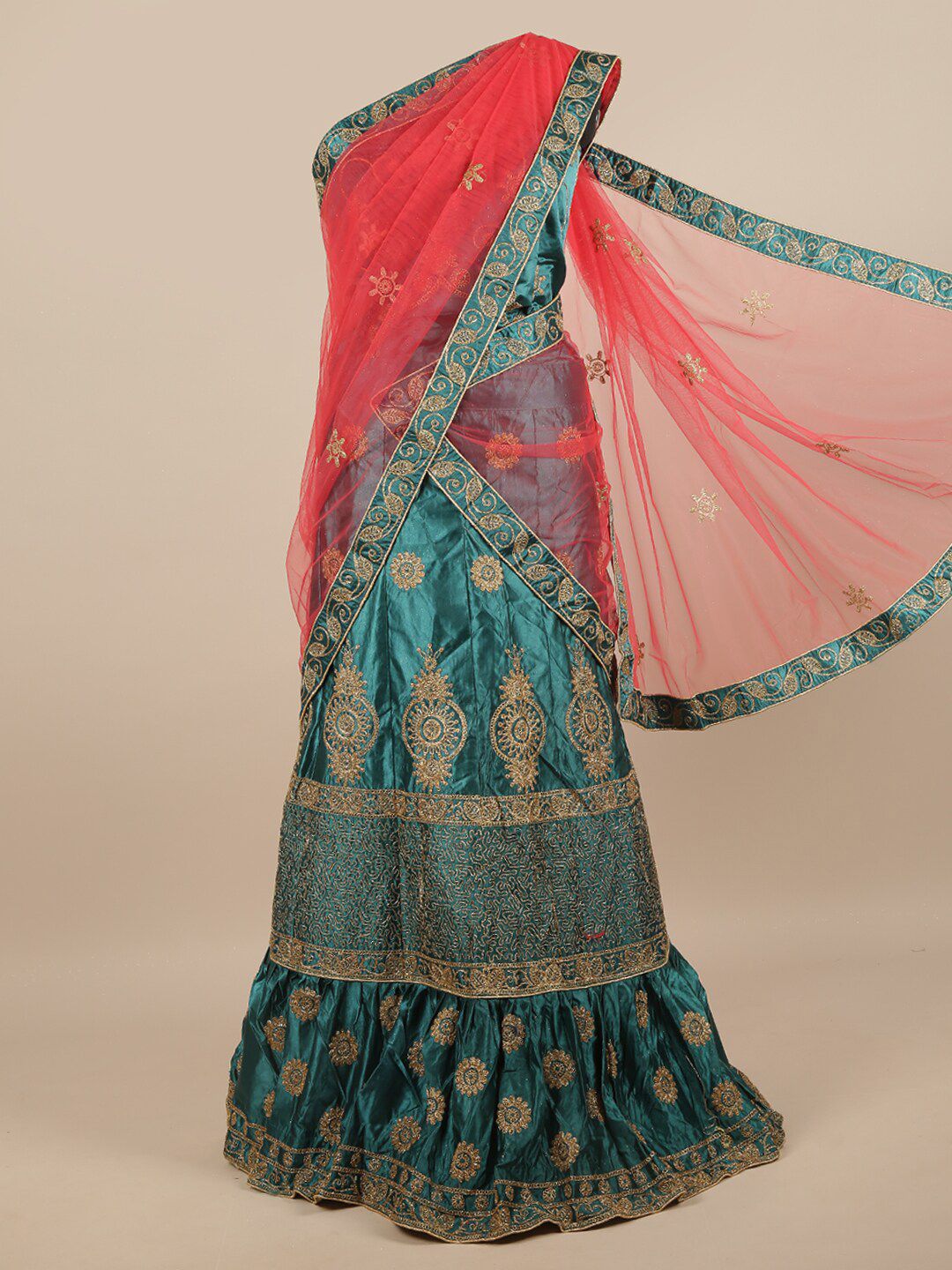 Pothys Coral & Blue Embroidered Unstitched Lehenga & Blouse With Dupatta Price in India