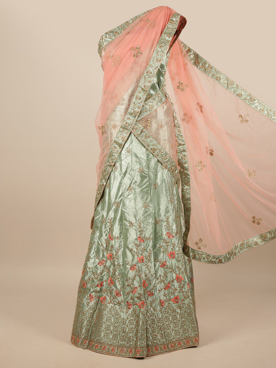 Pothys Green & Pink Embroidered Unstitched Lehenga & Blouse With Dupatta Price in India