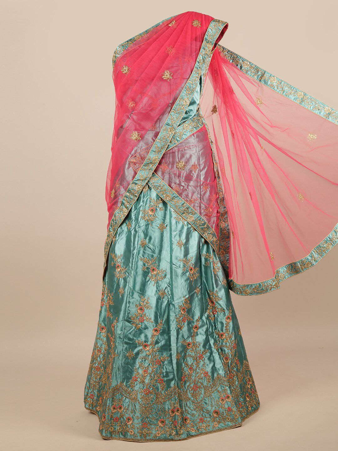 Pothys Women Pink & Turquoise Blue Embroidered Unstitched Lehenga Choli With Dupatta Price in India