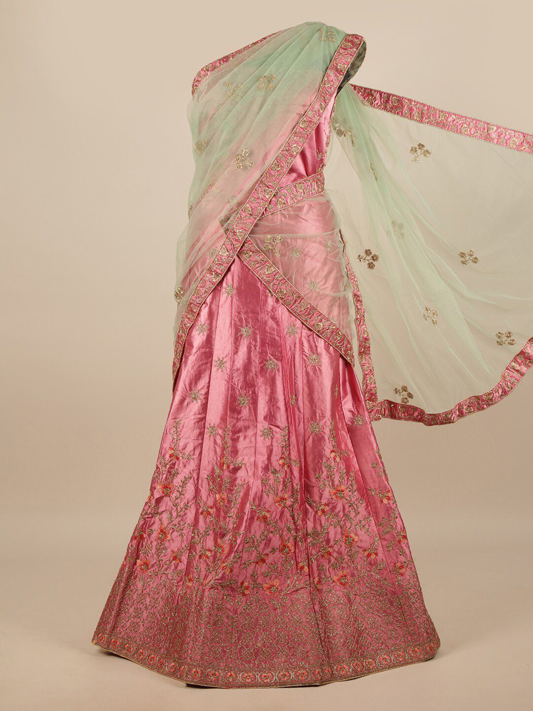Pothys Green & Pink Embroidered Zardozi Unstitched Lehenga & Blouse With Dupatta Price in India