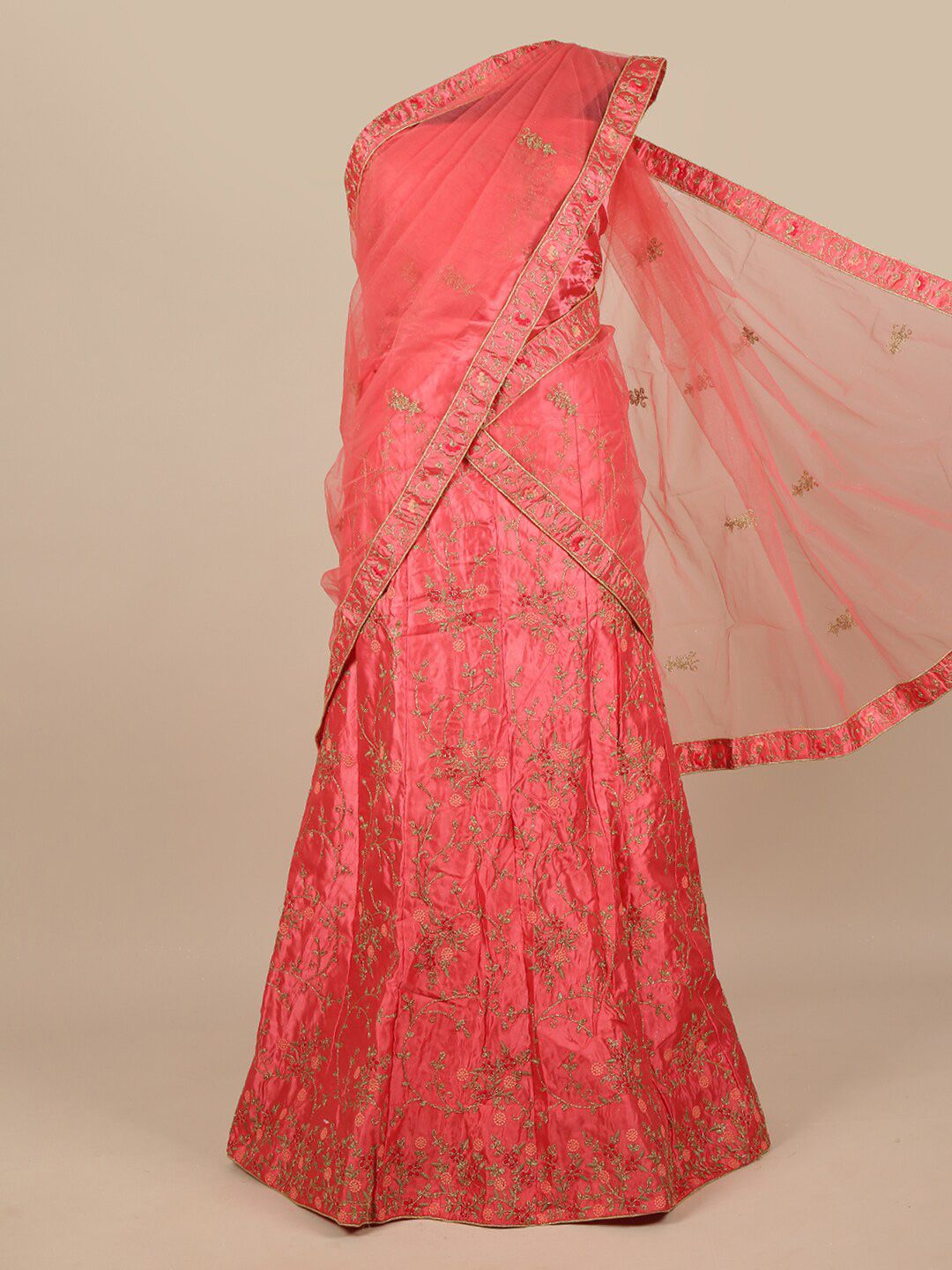 Pothys Pink & Gold-Toned Embroidered Beads and Stones Unstitched Lehenga & Blouse With Dupatta Price in India