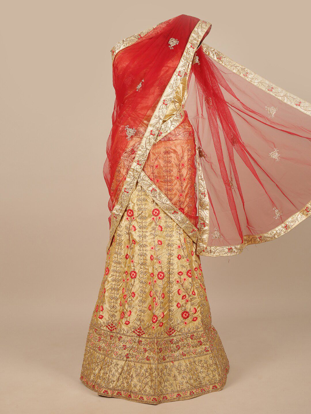 Pothys Red & Cream-Coloured Embroidered Unstitched Lehenga & Blouse With Dupatta Price in India