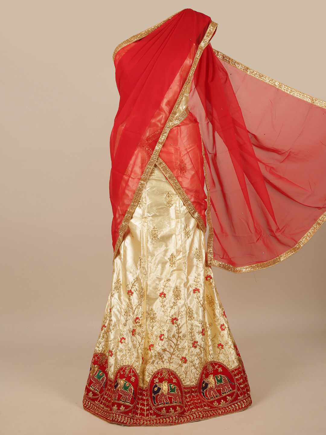 Pothys Cream-Coloured & Red Embroidered Unstitched Lehenga & Blouse With Dupatta Price in India