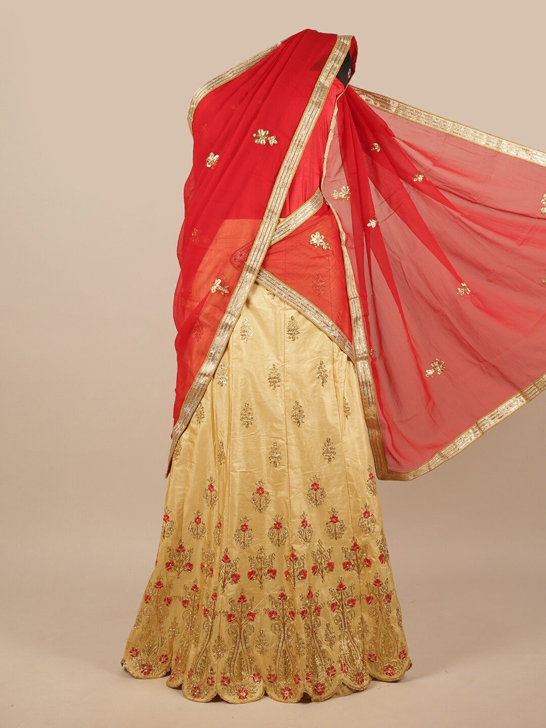 Pothys Women Red & Gold Embroidered Unstitched Lehenga Choli With Dupatta Price in India