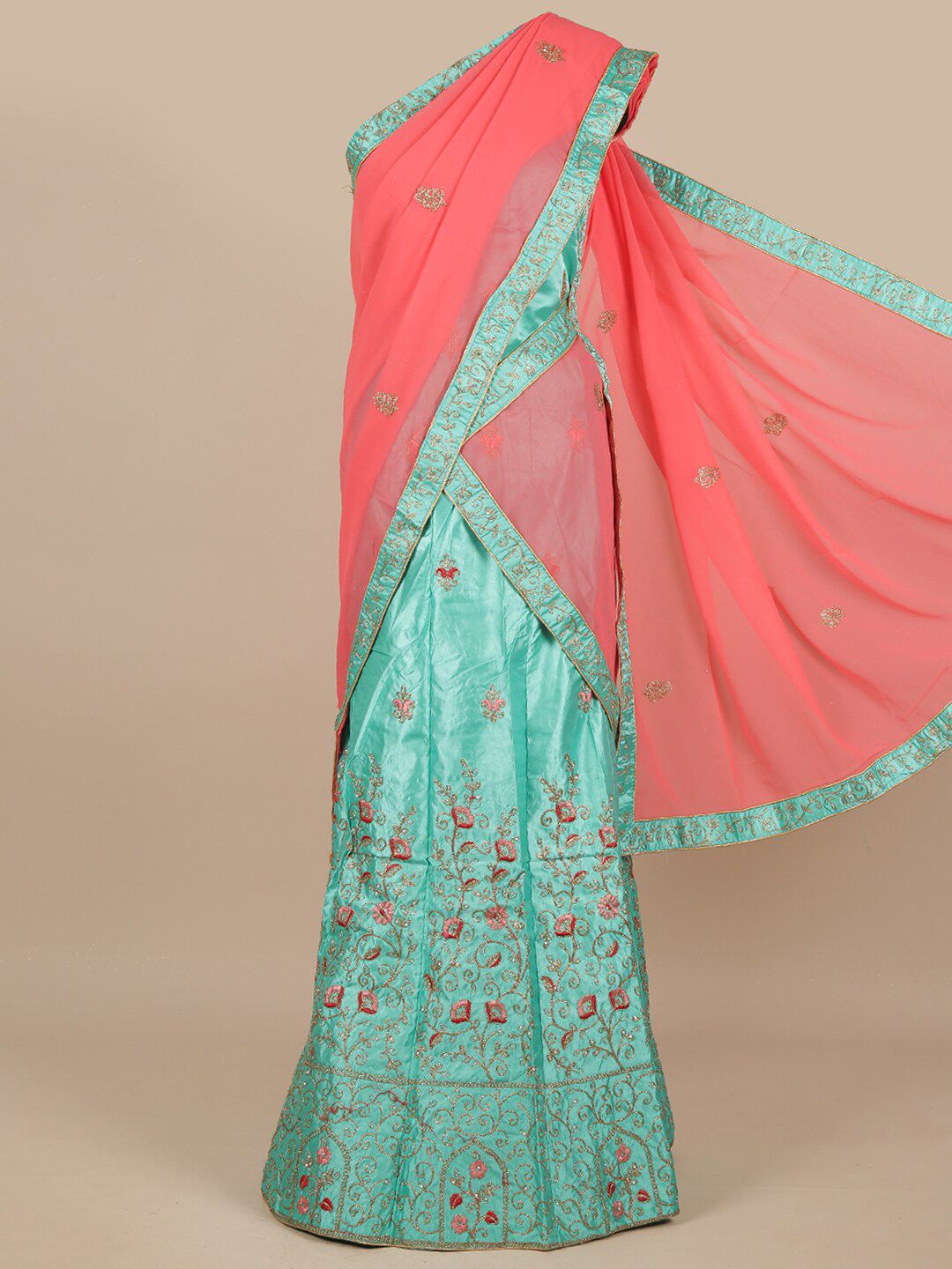 Pothys Pink & Blue Embroidered Beads and Stones Unstitched Lehenga & Blouse With Dupatta Price in India