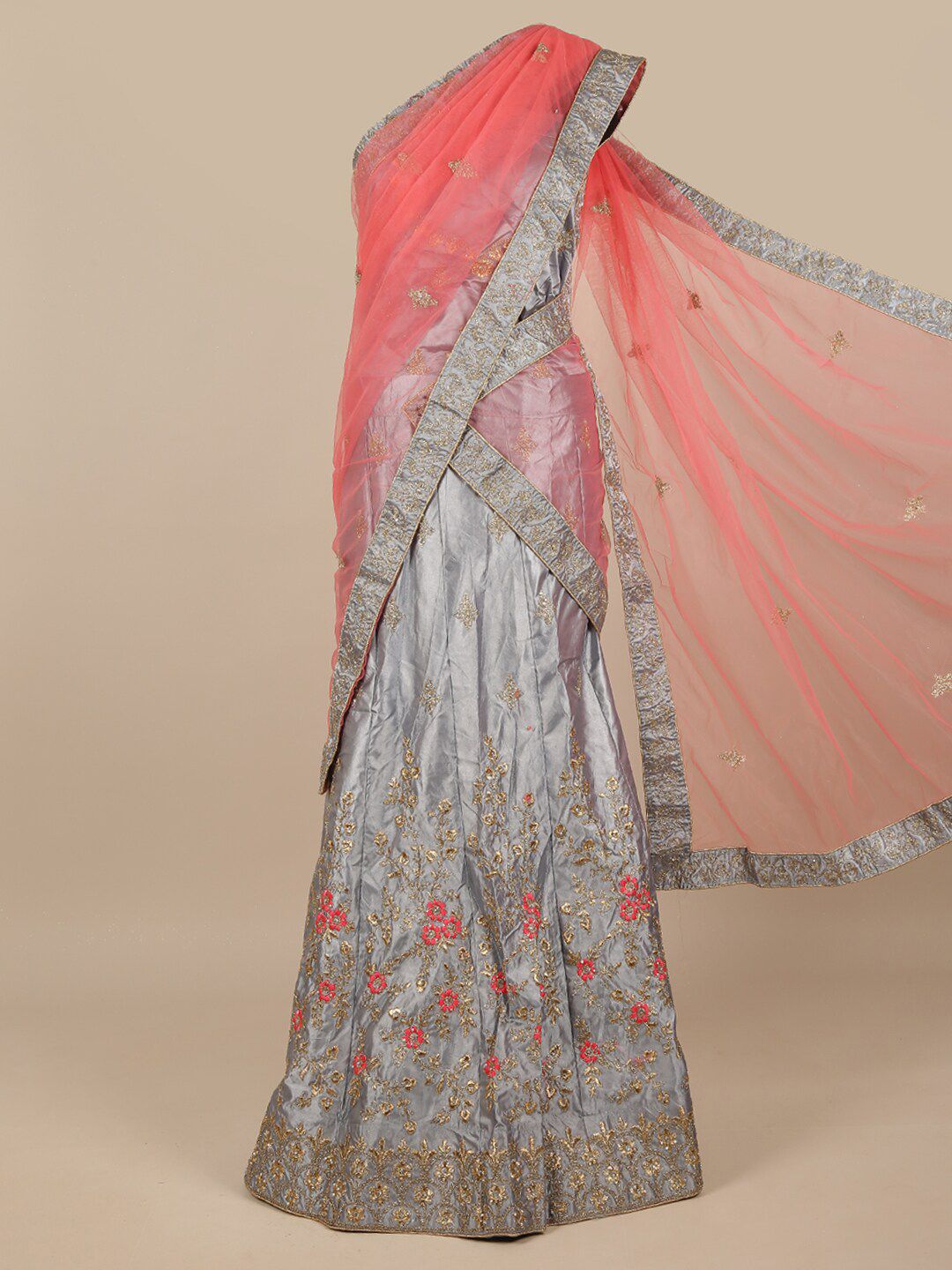 Pothys Pink & Grey Embroidered Unstitched Lehenga & Blouse With Dupatta Price in India