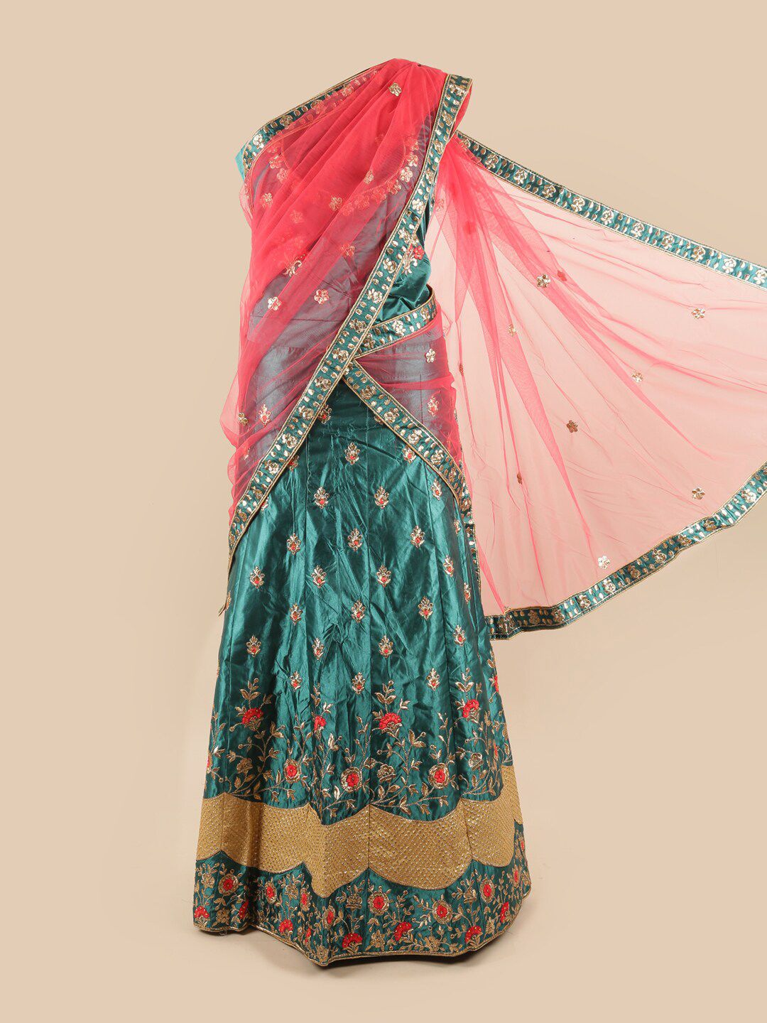 Pothys Pink & Green Embroidered Unstitched Net Lehenga & Blouse With Dhavani Price in India