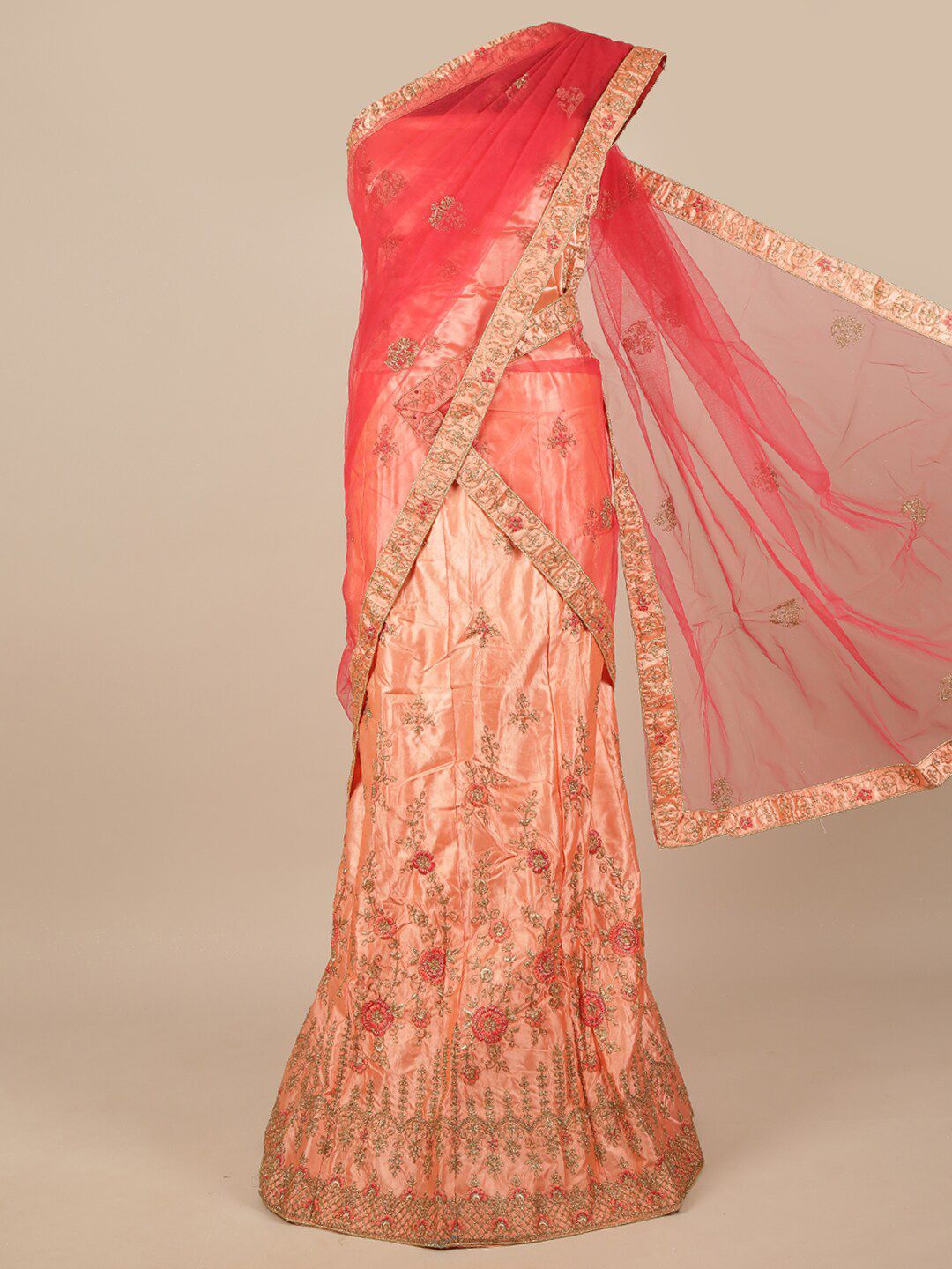 Pothys Pink & Peach-Coloured Embroidered Unstitched Lehenga & Blouse With Dupatta Price in India
