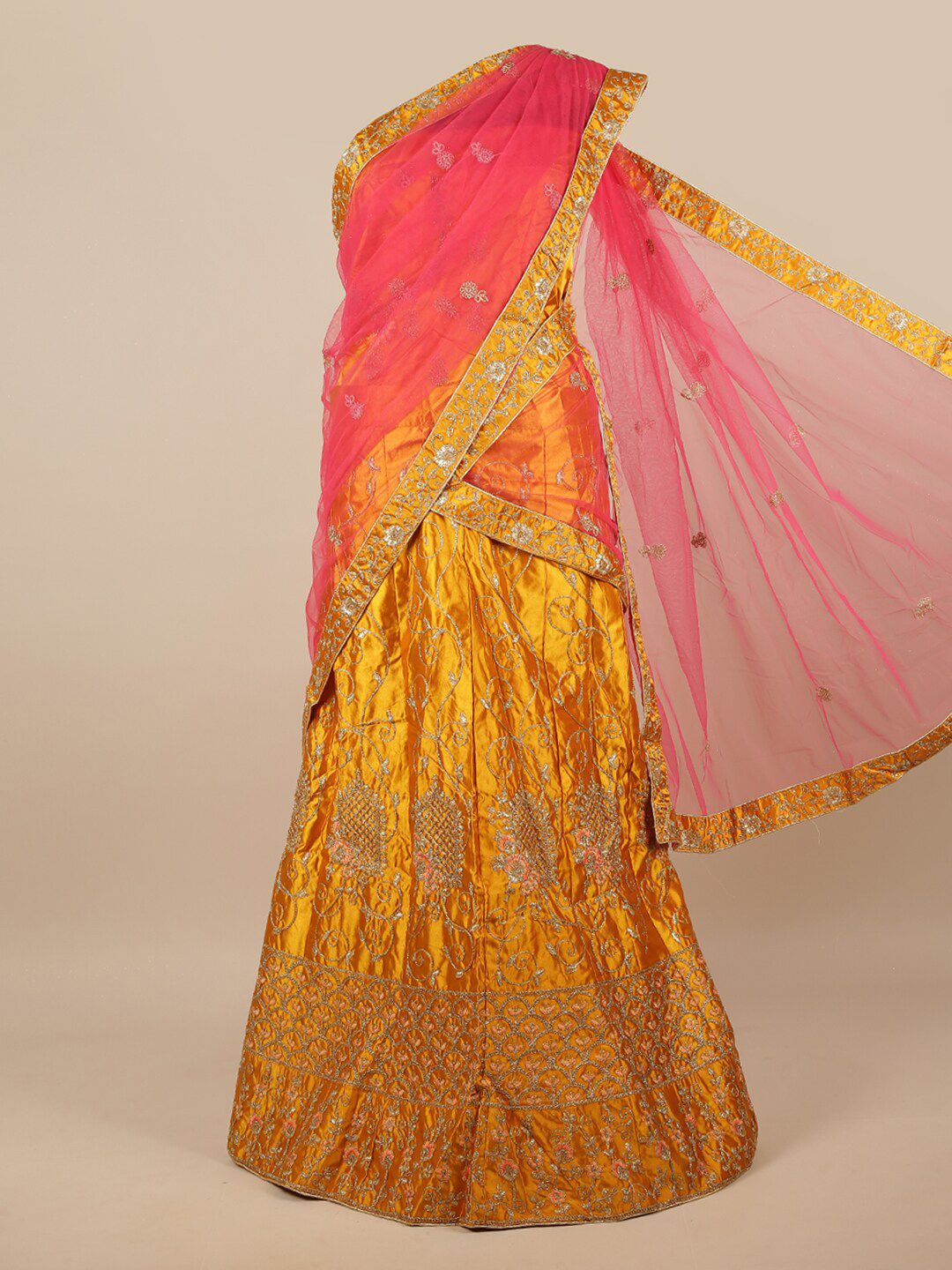 Pothys Pink & Mustard Embroidered Zardozi Unstitched Lehenga & Blouse With Dhavani Price in India