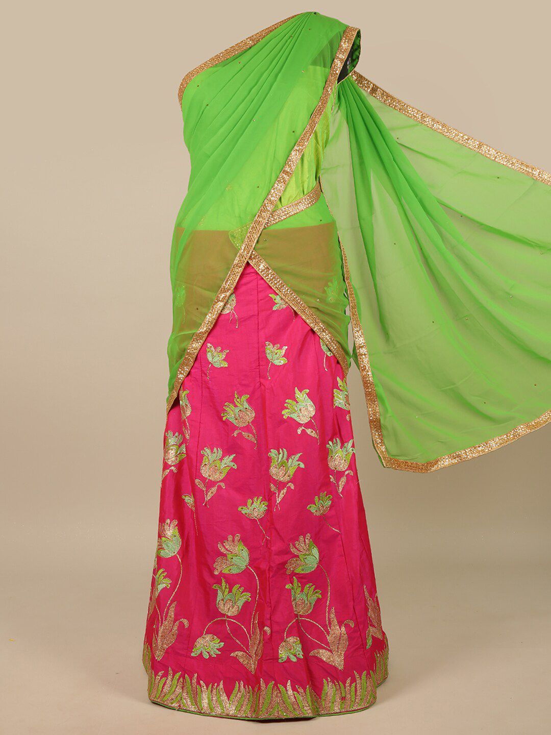 Pothys Green & Pink Embroidered Unstitched Lehenga & Blouse With Dupatta Price in India